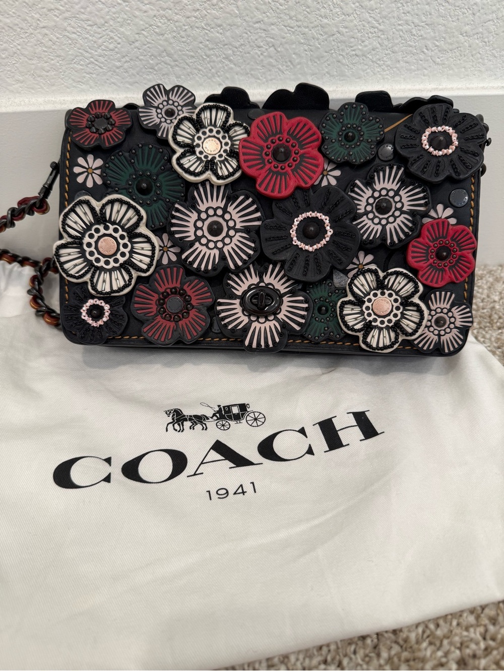 Coach Black Leather Floral Appliqué Crossbody Bag with Red, Pink & Green Flowers